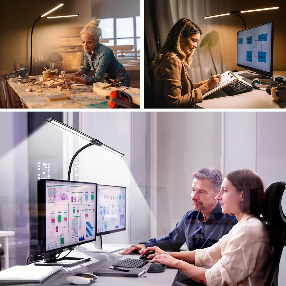 Dual Head Clamp Desk Lamp USB Powered – 2X Brighter Swing Arm LED Light, 3 Color Modes & 10 Brightness Levels for Dual Monitors, Drafting, Workbench & Home Office, Black