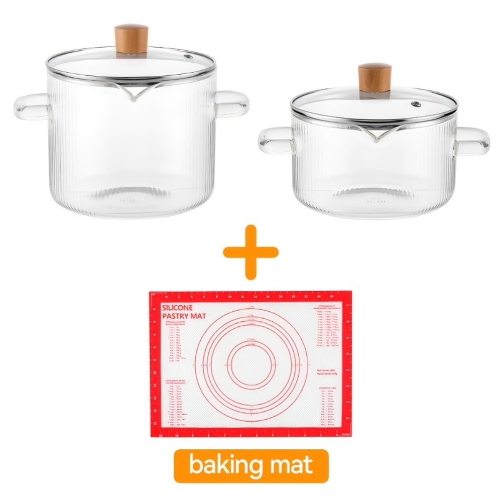 Glass Saucepan Set 2-Pack Stovetop Safe Borosilicate Ribbed Pots with Lids – 78oz & 54oz Heat Resistant Cookware for Soup, Ramen, Milk | Transparent Glass Pot Kitchen Cooking Set with Baking Mat