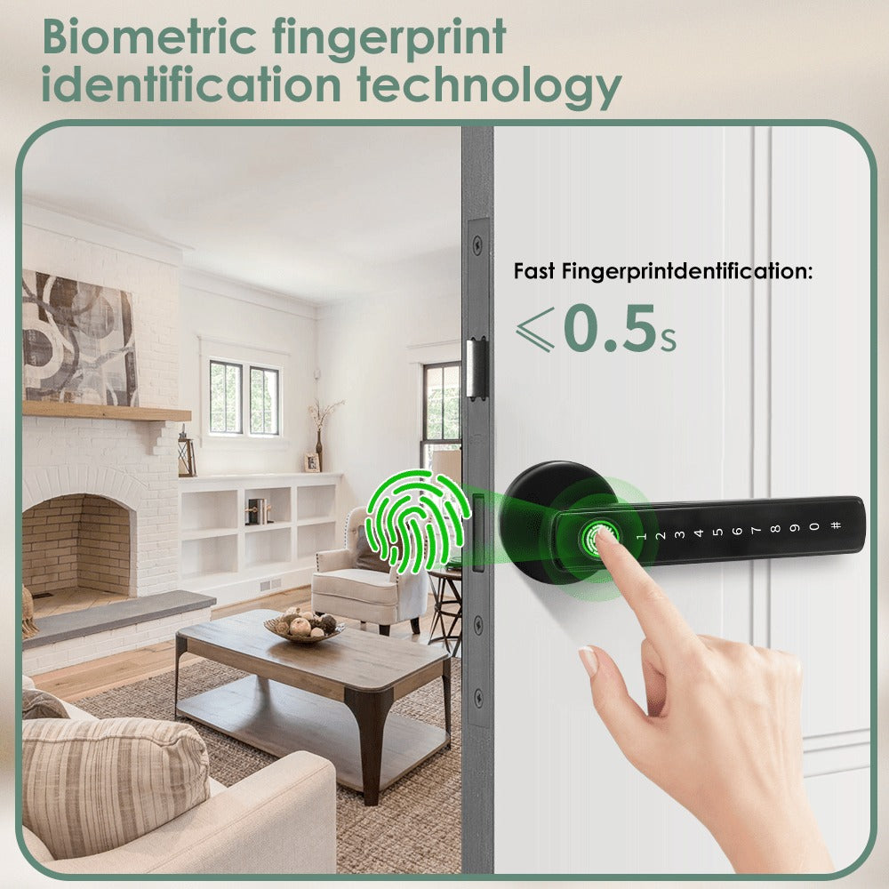 Aluminum Alloy Smart Door Handle Lock 4-in-1 with Fingerprint, Password, App & Key, Left & Right Hand Compatible, Heavy-Duty Keyless Entry Electronic Handle for Apartment Hotel Bedroom Interior Door