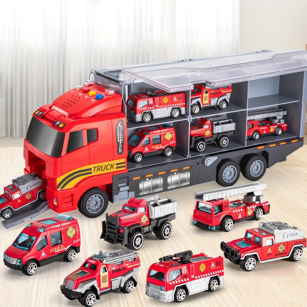 Fire Truck Toy Set with Die-Cast Metal Carrier Truck & Play Mat, Emergency Vehicle Playset