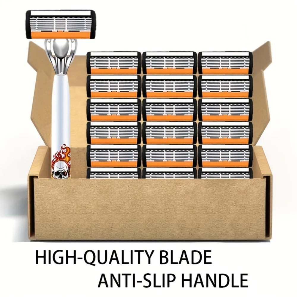 Beard Razor for Men 6-Layer Stainless Steel Blades Premium Metal Handle 36 Replaceable Blades – Mustache Grooming Shaver Ultra-Close Traditional Shaving Kit for Daily Use Gift for Him