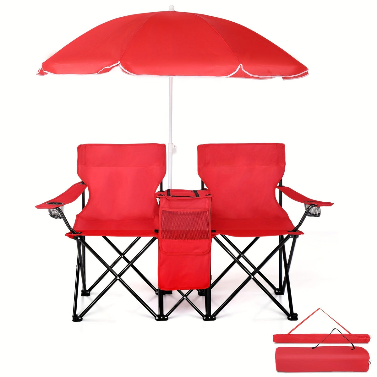Portable Folding Chair with Removable Sun Umbrella - 2-Seat Outdoor Foldable Chair, Steel Frame Oxford Fabric, Lightweight Sun Shade Seat for Fishing Beach Camping Sunbathing Outdoor Activities