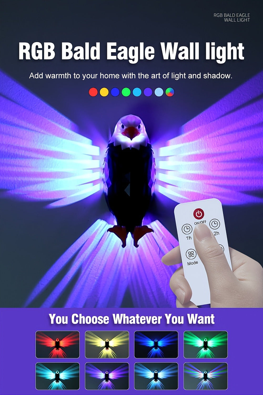 Eagle LED Wall Lamp – Colorful Ambient Night Light with Motion Sensor, Rechargeable Battery, Remote Control & Magnetic Wall Mount for Bedroom Living Room Corridor Hallway Decor (Black)