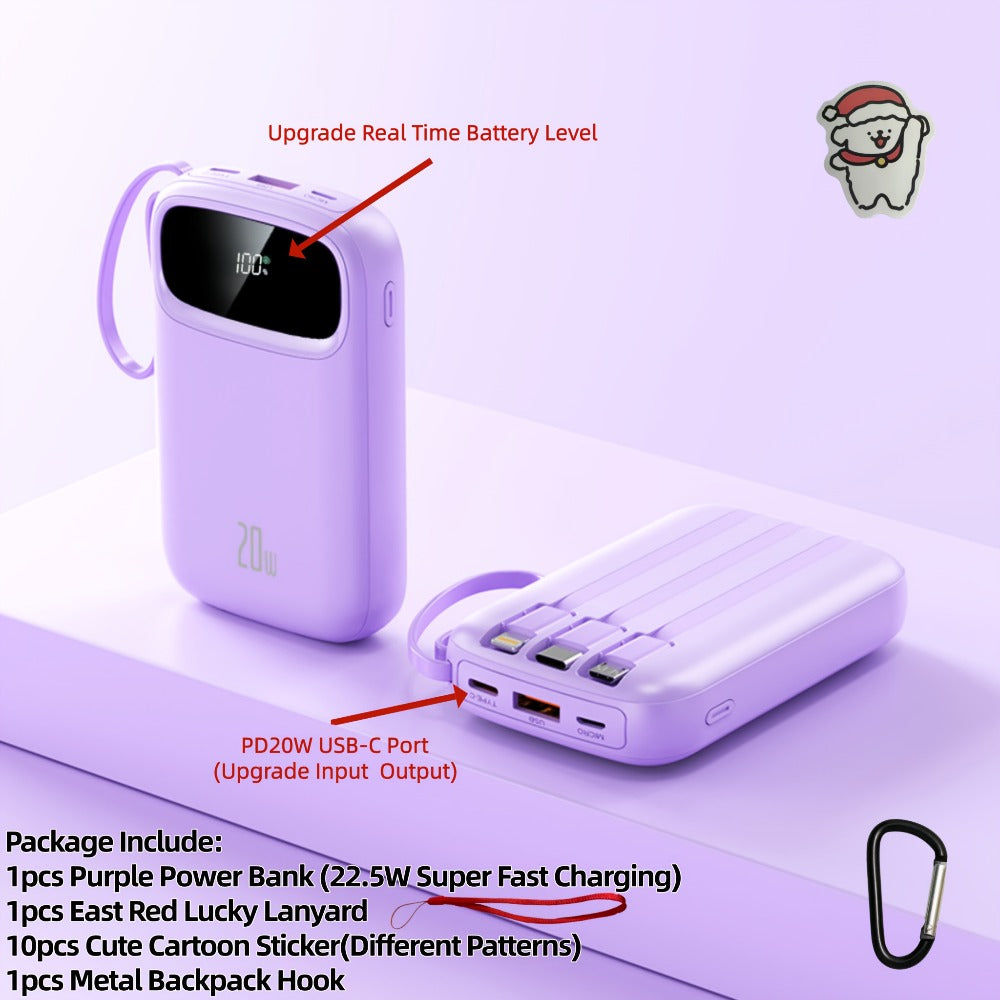 Portable Charger 10000mAh with Built-In 3 Cables Lightning USB-C Micro-USB 22.5W Super Fast Charging Cute Cartoon Mini Power Bank for iPhone Android Travel Backup Battery – Purple Black Red White