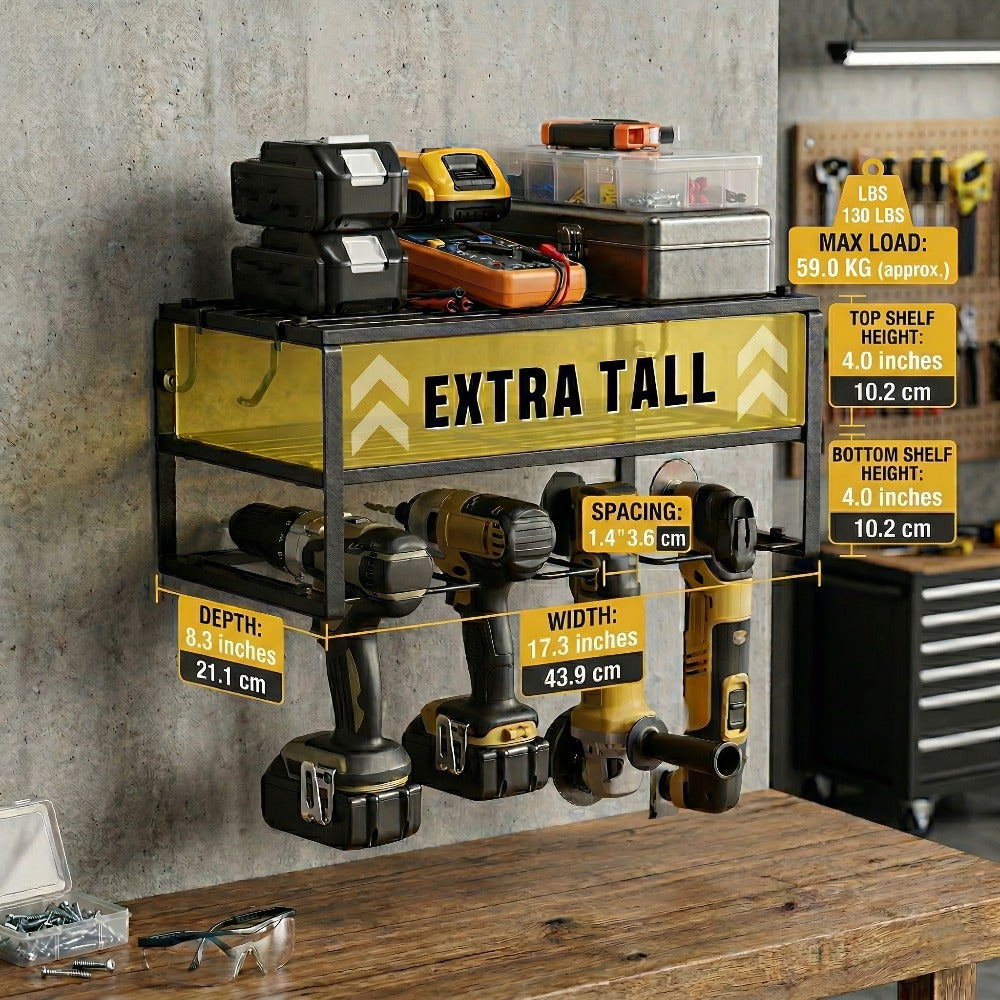 Power Drill Holder Wall Mount – Heavy Duty Tool Storage Rack with 3/4 Layer Floating Shelf | Cordless Drill Organizer | 4/6/8 Drill Holders Workshop Tool Rack for Garage & Workshop Organization