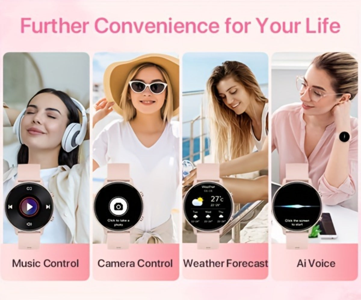 Voice Assistant Smartwatch for Women 1.39" Full Touch – Siri & Google, Wireless Calling, 100+ Sport Modes, Fitness Tracker, Weather, Flashlight, Find Phone, Remote Camera – Pink iPhone & Android