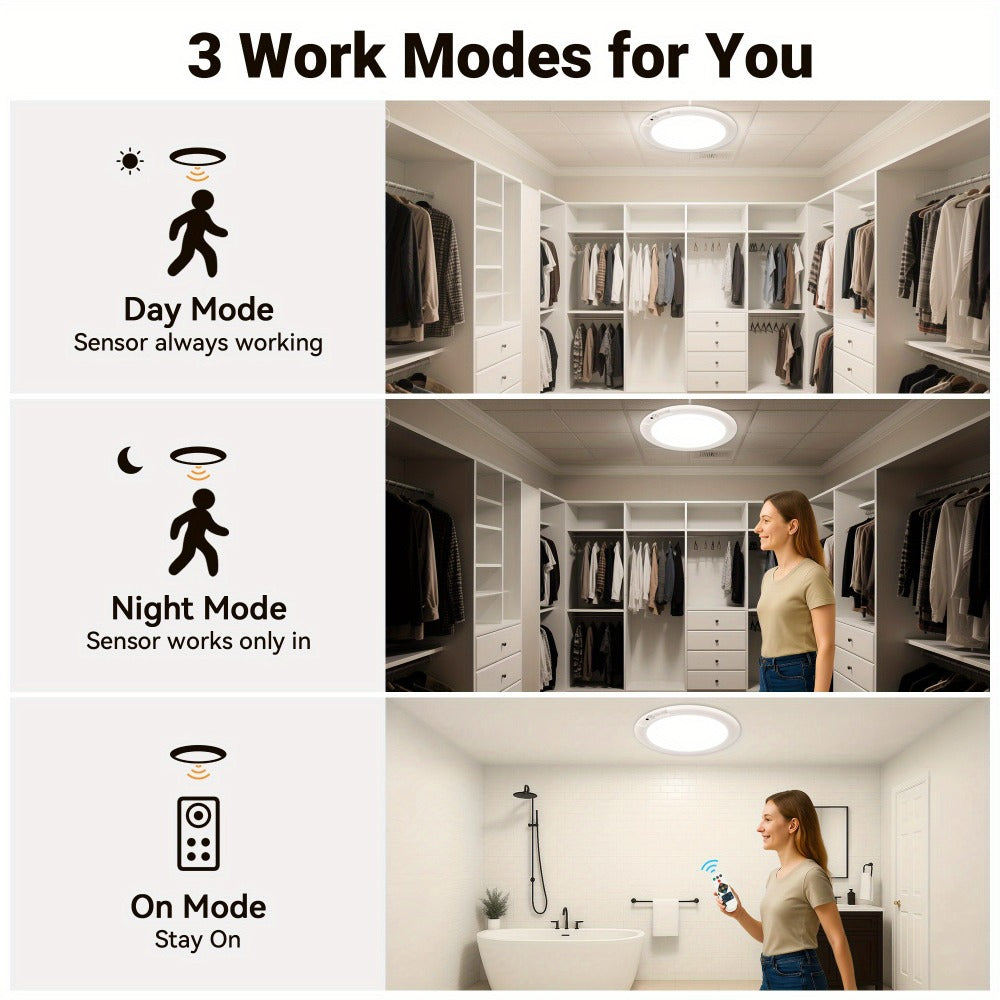 Rechargeable LED Ceiling Light with Motion Sensor – Remote Control Dimmable, 3 Color Temps 3000K/4500K/6500K, 10 Brightness Levels, Battery Operated Closet Light for Bathroom Hallway Pantry Porch