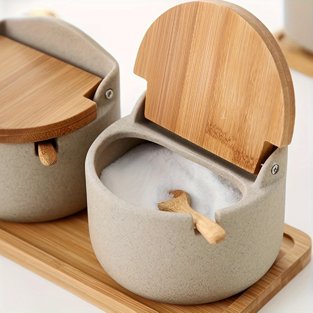 Ceramic Seasoning Pot Set with Lid & Spoon – Salt Pepper Spice Jar Container with Tray Kitchen Condiment Storage Organizer for Counter Cooking Accessories Housewarming Gift