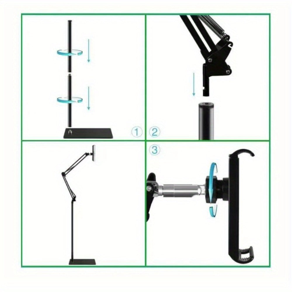 Floor Stand Phone Tablet Holder 68.9 Inch Flexible Gooseneck Lazy Bracket with 360° Rotating Head Foldable Adjustable Arm for Bed Sofa Desk Live Streaming Video Calls Hands Free Mount