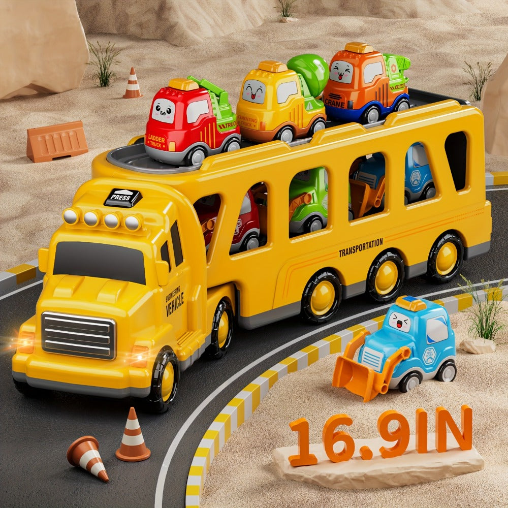Car Carrier Truck Toy with 6 Cars, 16.9" Transport Construction Truck with Lights & Sounds