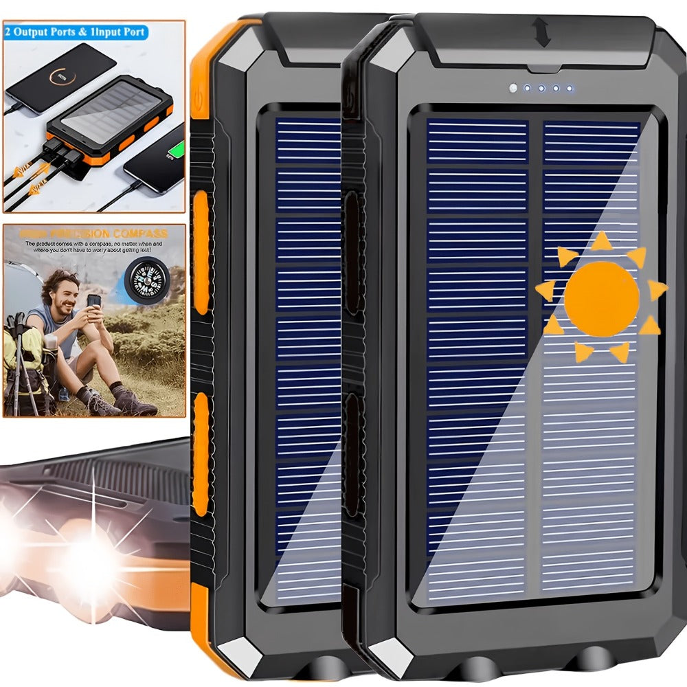 Solar Power Bank 20000mAh Outdoor Portable Charger with LED Flashlight SOS Compass & Carabiner Hook – Dual USB Waterproof Battery Pack for Camping Hiking Backpacking Emergency Survival Gear Gift