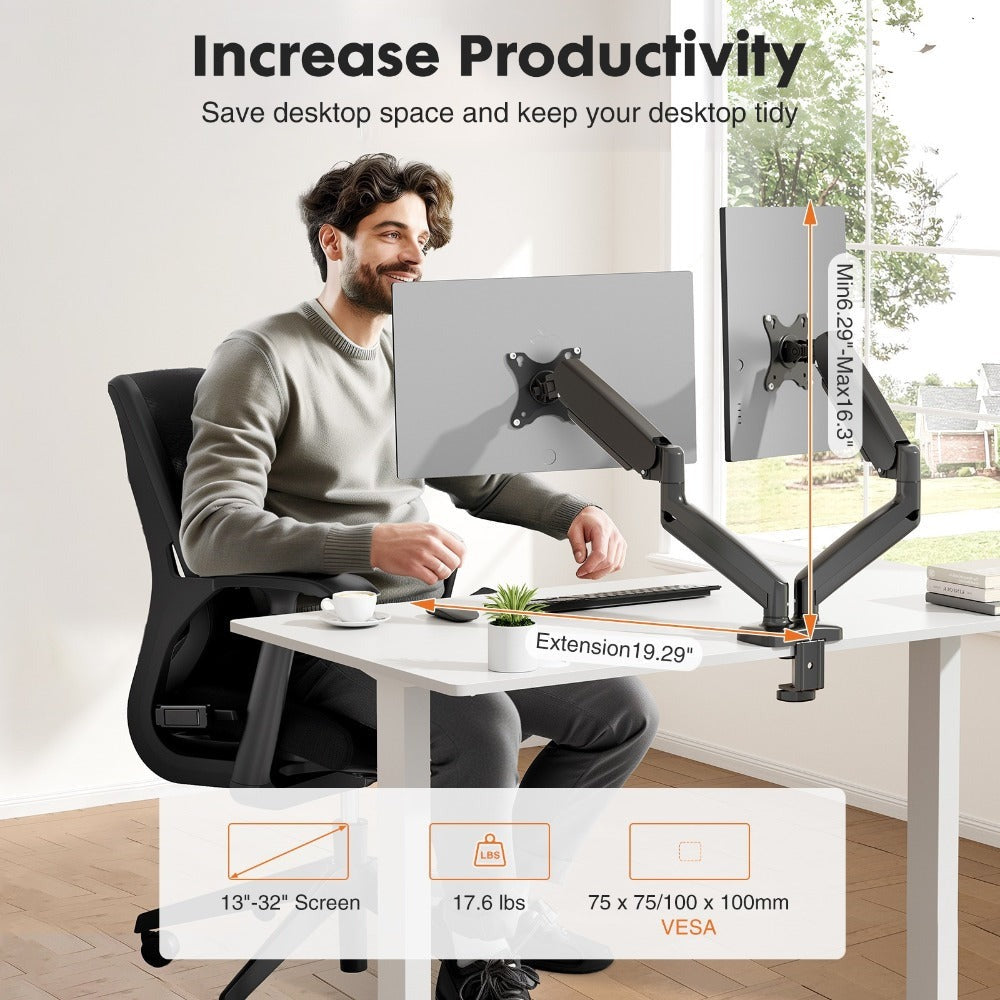 Gas Spring Monitor Arm Single Dual, Ergonomic Desk Mount for 13-32 Inch Screens up to 17.6 lbs, Adjustable Height, 360° Swivel, Full Motion VESA Monitor Stand for Home Office