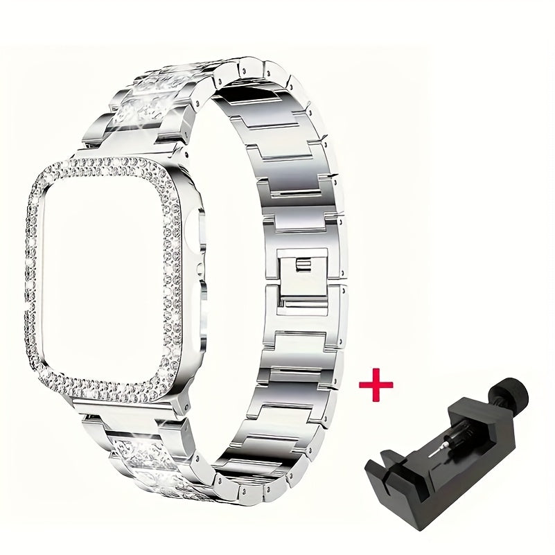 Diamond Apple Watch Case & Strap Set – Starry Sky Full Diamond Bezel + Double Row Diamond Band Compatible with Apple Watch Series 1–10 SE Ultra Ultra 2 38 40 41 42 44 45 49mm – Pink Rose Gold Black Blue Silver