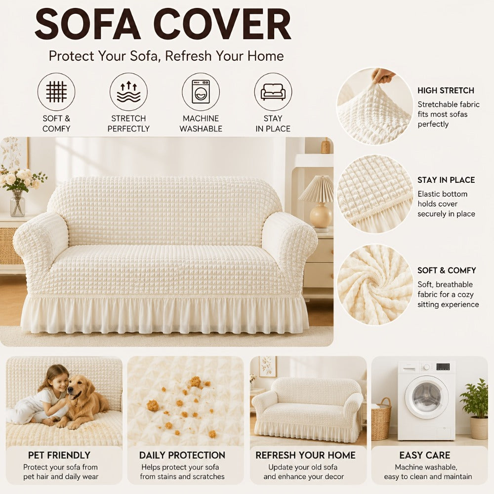 Seersucker Sofa Slipcover Elastic Band Closure Pet-Friendly All-Purpose Sofa Cover for Living Room Home Decor Protection — Single 2 4 Seater Multiple Colors