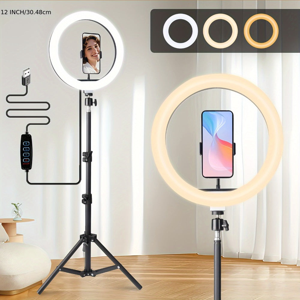 Selfie Ring Light 10/12 Inch with 42-Inch Retractable Tripod Stand | USB Powered, Cold Shoe Mount, Compatible with Smartphone, Camera & Webcam for YouTube, Instagram, TikTok & Live Streaming