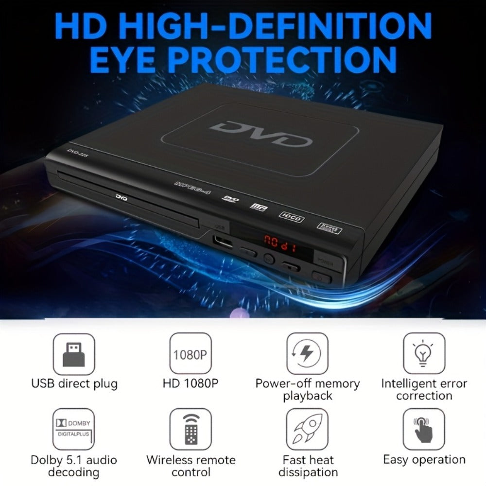 DVD Player for Seniors Region Free 1080P with USB Port & AV Cable – Simple Remote Control, Easy Setup, Plays DVD SVCD VCD CD-R MP3, Home Theater & Gift for Elderly, US Plug, Black
