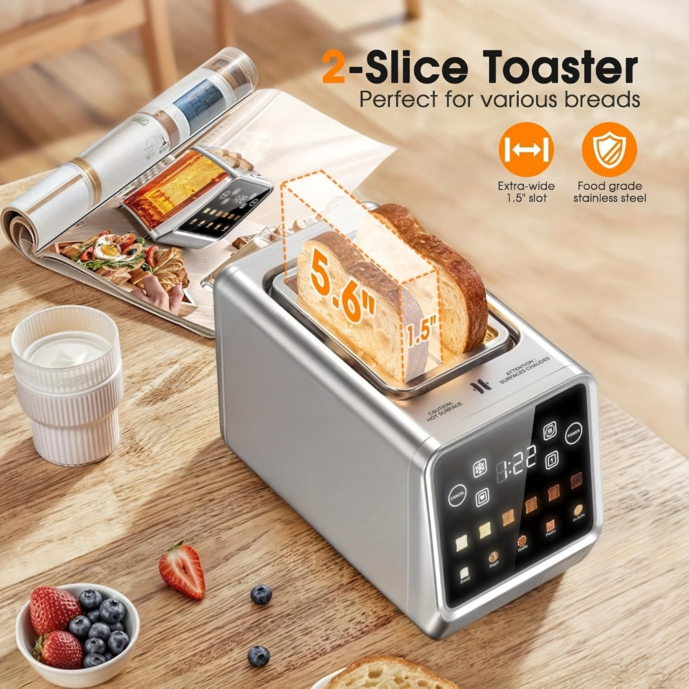 Smart Digital Toaster 2 Slice Touch Screen – Stainless Steel with Memory Function, 5 Bread Types, 6 Shade Settings, 1.5-Inch Wide Slot, 900W Fast Toasting for Home Kitchen