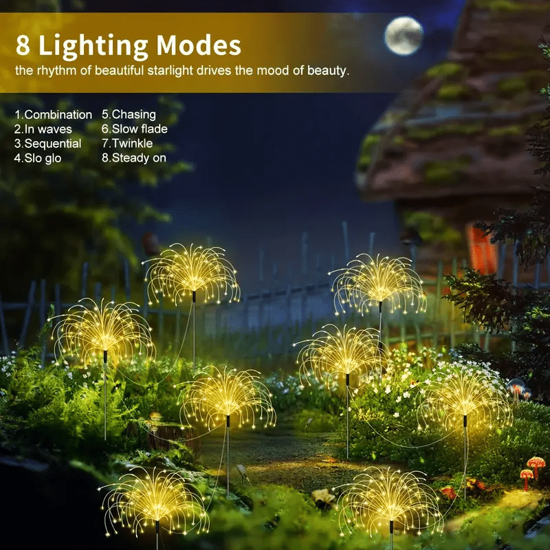 Solar LED Firework Garden Lights Outdoor 8 Modes – 320/680 LED Starburst Stake Light Warm White Colorful for Patio Walkway Camping Wedding Halloween Party Decoration – Single/4/6 Pack