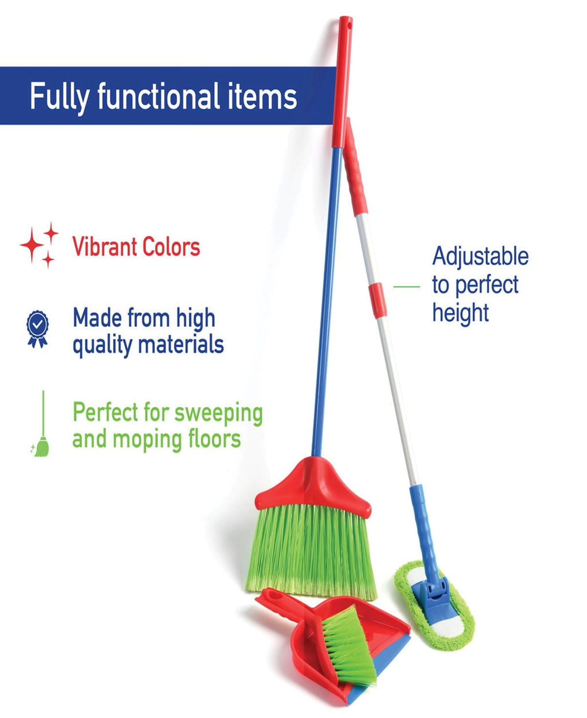 Kids Cleaning Toy Set, 4 Pieces with Broom, Mop, Brush & Dustpan