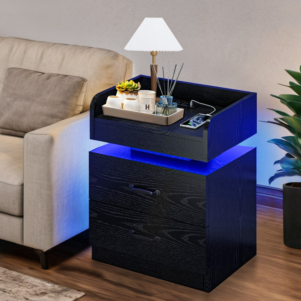 Small Nightstand with USB Charging Station & LED Lights – Compact Bedside Table with Drawer | Under 27 Inch Floor Mount | Dorm Studio Apartment Small Bedroom | Black or White | College Dorm Gift
