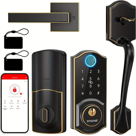 SMONET Smart Deadbolt Lock Set with Handle - Fingerprint, Bluetooth App & Keypad, Auto-Lock, Keyless Entry for Home, Office, Airbnb & Hotel, Oil Rubbed Bronze, Black & Silver