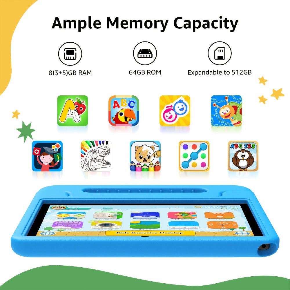 Apolosign Kids Tablet 10 Inch 64GB, Android 15 8-Core 8GB RAM WiFi 6, 1280x800 HD Display 5MP+2MP Camera, Parental Control Educational Shockproof Case, 2025 Model Children Tablet for Ages 3-12 – Black Navy Purple Blue Pink