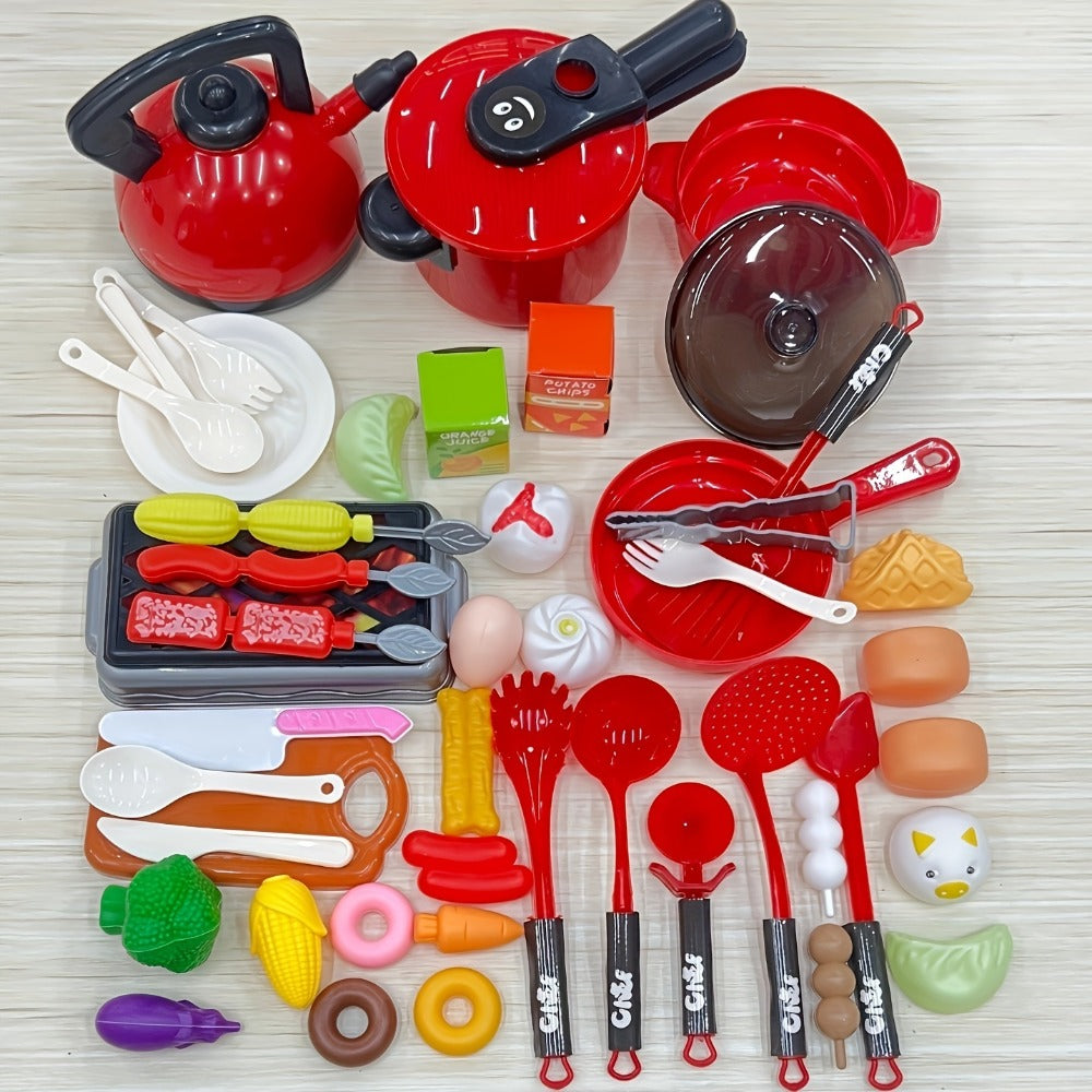 Pretend Play Kitchen Set for Kids – 51PCS Toy Cooking Utensils, Tableware & Play Food, Simulation Kitchen Playset for Toddlers Boys & Girls, Birthday Christmas Halloween Gift