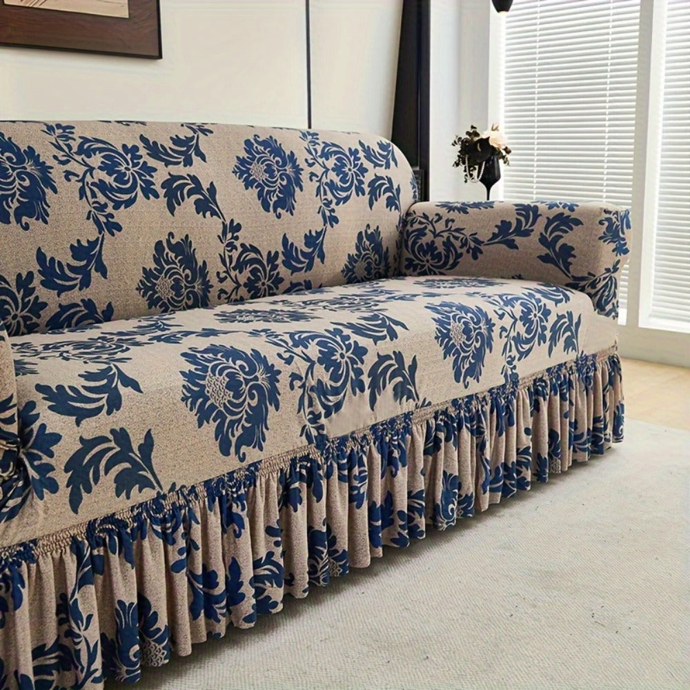 Stretch Sofa Cover Slipcover High-Stretch Fabric Ruffle Skirt Non-Slip Rod All-Season Snug Fit for 1 2 3 4 Seater Couch — Dark Blue with Pillow Cover
