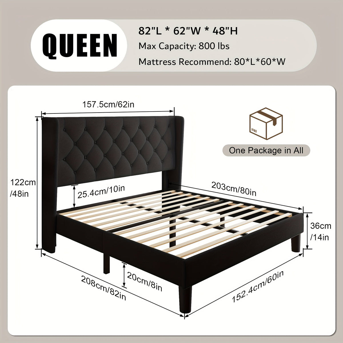 Bed Frame shown in the Black, Queen option