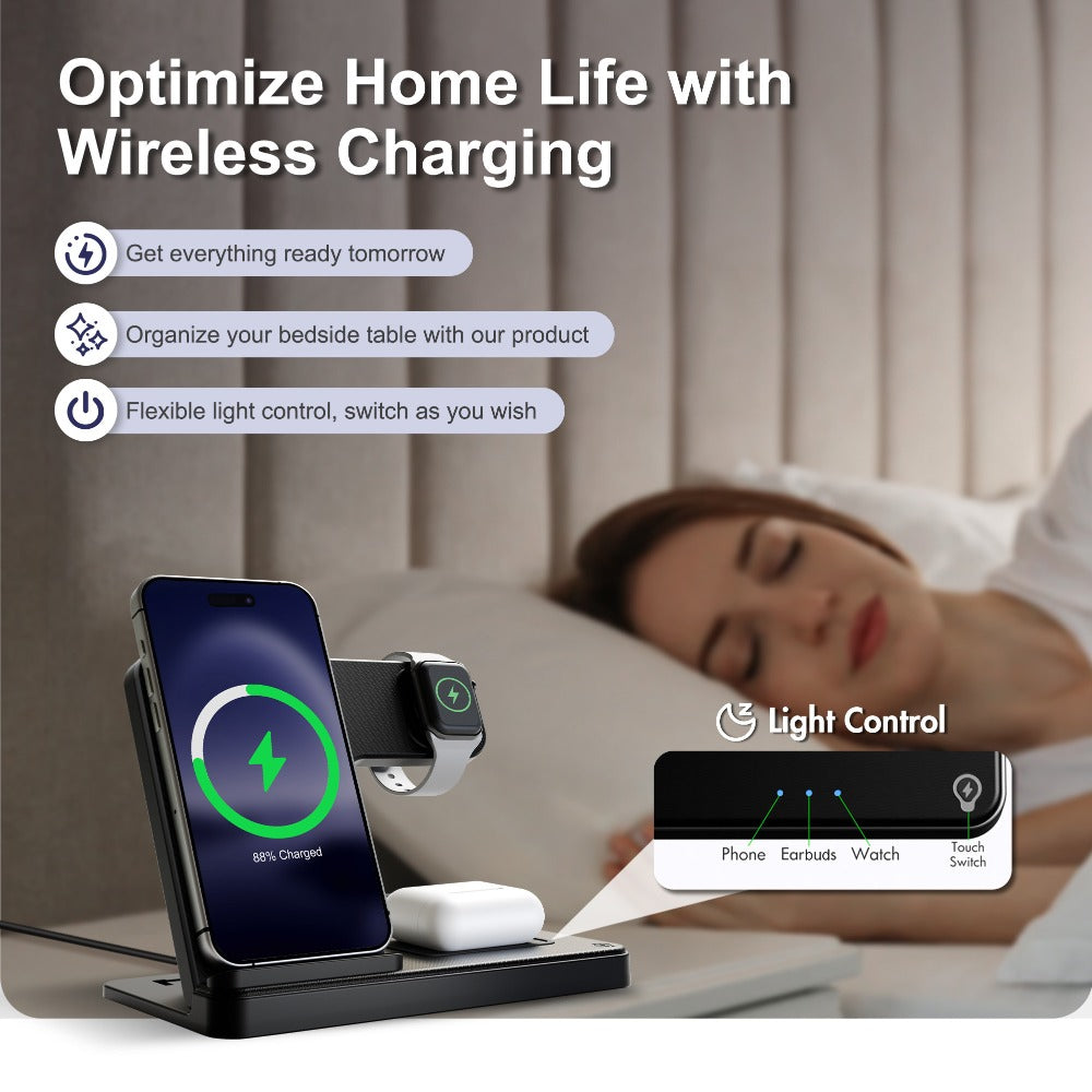 4-Color MagSafe 3-in-1 Wireless Charging Station 15W – Fast Charge Stand for iPhone 17 16 15 14 13 12 Pro Max, Apple Watch Ultra Series 10 9 8 7 SE & AirPods 4 3 2 Pro | Sky Blue Sakura Pink White Black