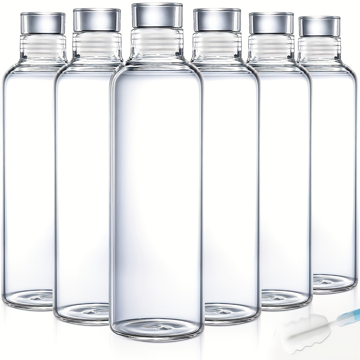 Borosilicate Glass Water Bottle Set of 6 with Lid Sleeve and Cleaning Brush – 18oz Reusable Juice Bottles | Non-Slip Sports Drinking Vessels for Home Office Gym Travel