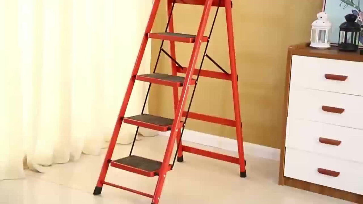 Folding Step Ladder 3 / 4 / 5 Step with Anti-Slip Pedal & Tool Tray – 450 LBS Capacity Portable Steel Step Stool for Adults, Home, Kitchen, Library & Office Use – Red & Black Options