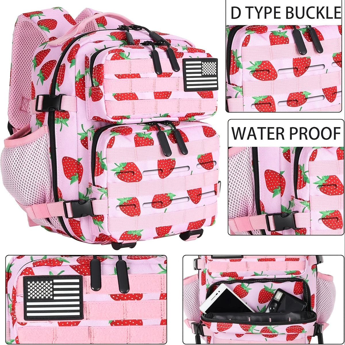 Mini Hiking Backpack 2.38 Gallon Daypack Zipper Closure Hip Strap for Daily Use Fitness Cycling Camping Travel School Strawberry Cat Paw Plaid Tie Dye Camo