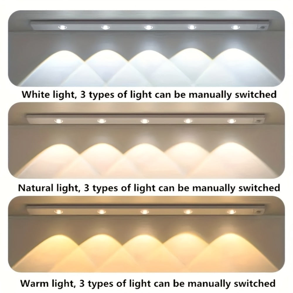 Motion Sensor Cabinet LED Strip Light USB Rechargeable 1400mAh - 3 Color Dimmable Wireless PIR Auto On Off 4 Sizes for Kitchen Wardrobe Wine Cabinet Shoe Cabinet Closet Bedroom Night Light
