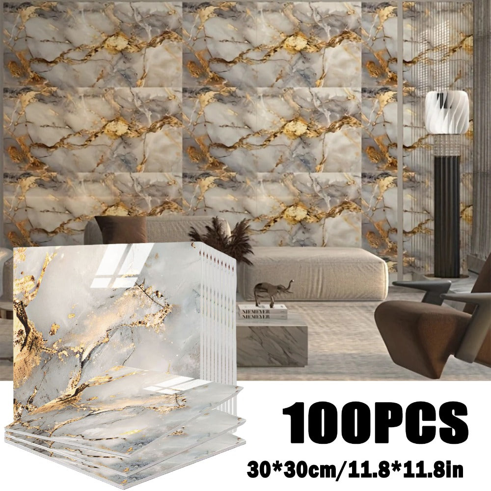 Self-Adhesive Marble Tile Stickers 11.8x11.8in Peel and Stick Wall Tiles for Bathroom Kitchen Backsplash – Waterproof 3D Glossy Imitation Marble Wall Panel, Easy to Install, 50 or 100 Pack