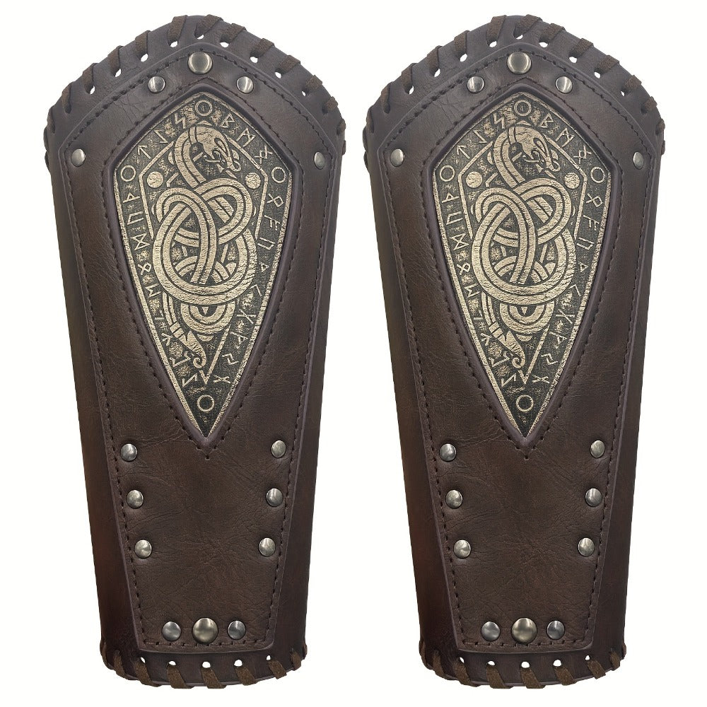 Viking Snake Wrist Guards 2-Pack Medieval Norse Leather Bracers, Nordic Retro Cosplay Props for Halloween LARP Renaissance Faire Costume Accessory, Black & Coffee
