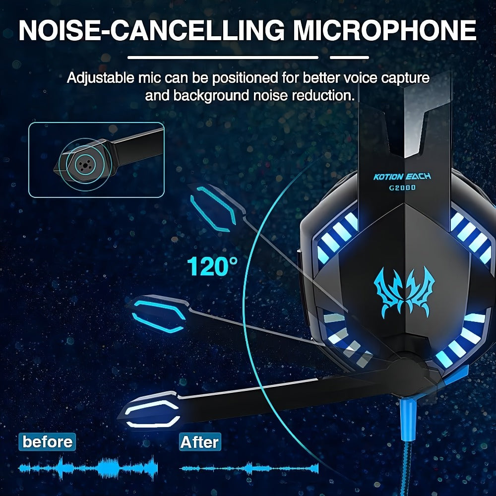 Gaming Headset with Mic LED Light Over Ear Wired Headphones for PC PS5 Xbox Nintendo Switch Video Games Immersive Surround Sound Noise Cancelling Microphone