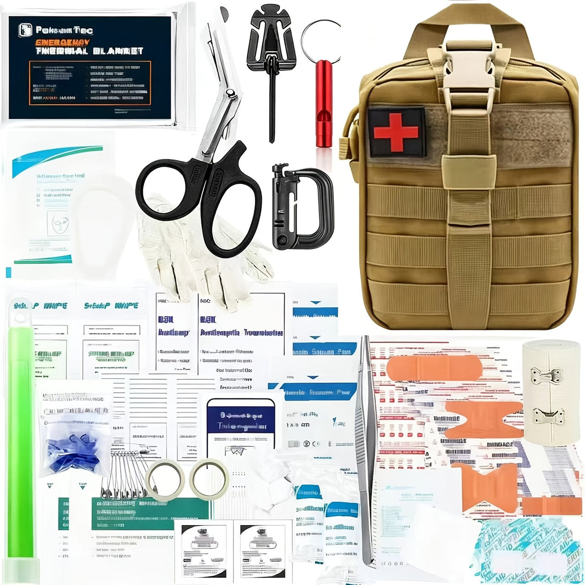 217 Piece Survival Kit with First Aid Kit & Molle Storage Bag - Emergency Gear Set for Camping, Hiking, Outdoor Adventure, Home & Office, Perfect Gift for Men, Dad, Husband, Son - Orange Green Khaki Black Red Camouflage