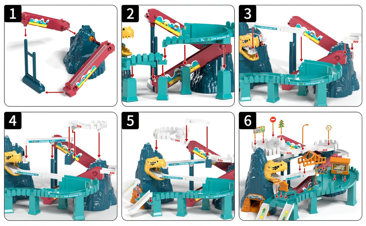 Dinosaur Race Track Toy Set – Multi-Level Dino Car Track with Ramp Launcher & 10 Mini Cars