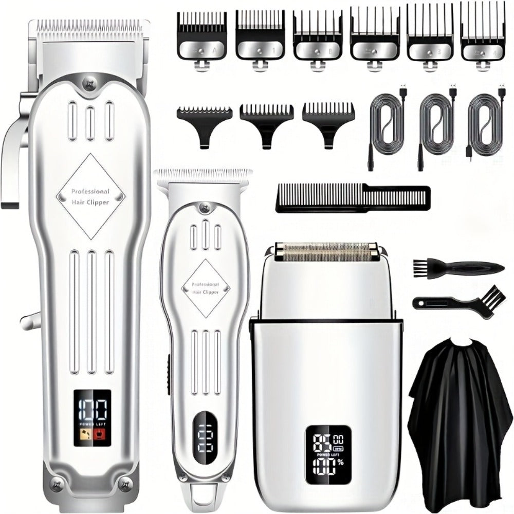 Foil Shaver Grooming Kit for Men 3-in-1 – Hair Clipper Detail Trimmer Adjustable Blades USB Rechargeable LCD Display Complete Barbershop Accessories Set Holiday Gift for Him