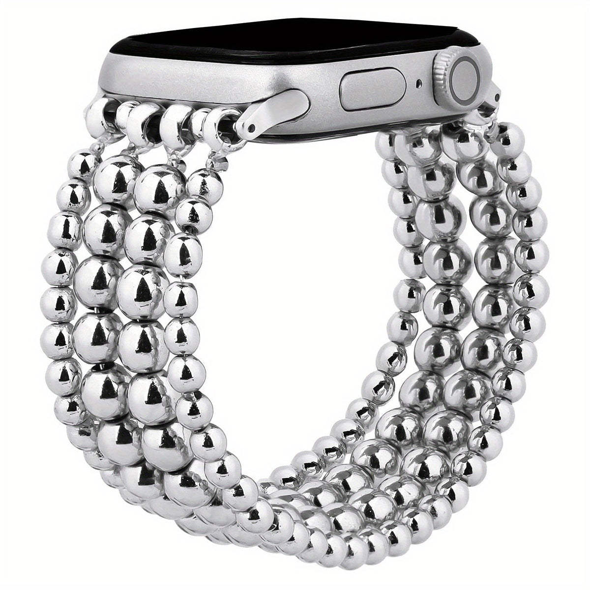 Stainless Steel Beaded Apple Watch Band Handmade Elastic Stretch Bracelet No-Buckle Slip-On Strap for Series 1-11 SE Ultra 38mm 40mm 41mm 42mm 44mm 45mm 46mm Women Girls Silver Rose Gold Silvery Grey