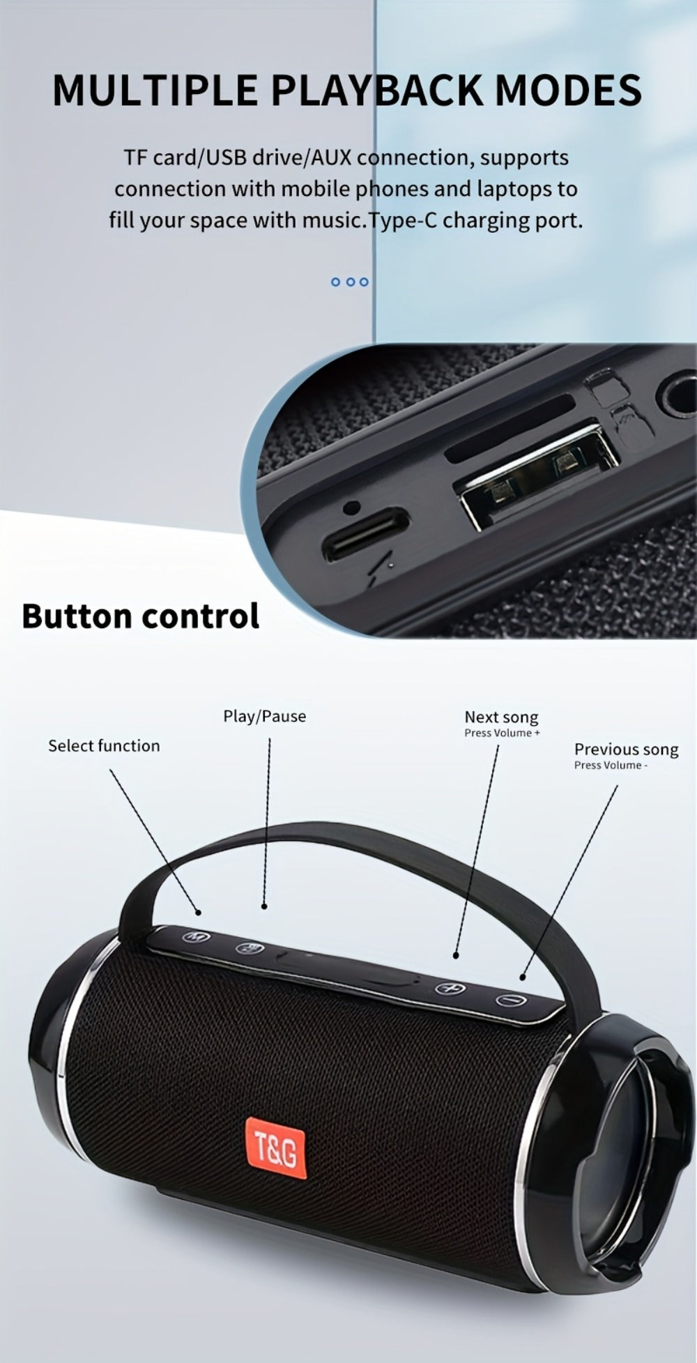 TG116C IPX4 Portable Bluetooth 5.0 Speaker 1200mAh Rechargeable Wireless Speaker USB TF FM Type-C Charging Surround Sound for Outdoor Travel Home Mobile