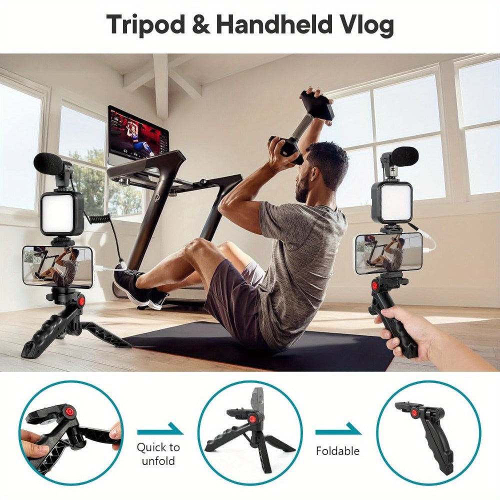 Cardioid Microphone Vlogging Kit for Phone with Mini LED Video Light & Pistol Grip Tripod – Portable Content Creation Setup for YouTube TikTok Instagram Live Streaming Video Calls iPhone Android