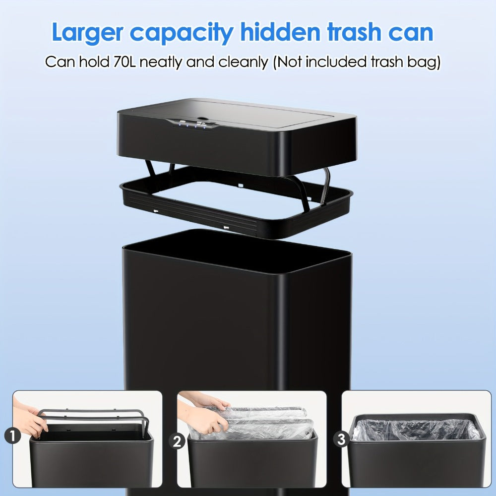 Touchless Trash Can with Motion Sensor 18.5 Gallon 60L – Soft-Close Lid | Brushed Stainless Steel | Bag Holder | Low Battery Alert | Hands-Free Smart Garbage Bin for Kitchen Office Bedroom RV