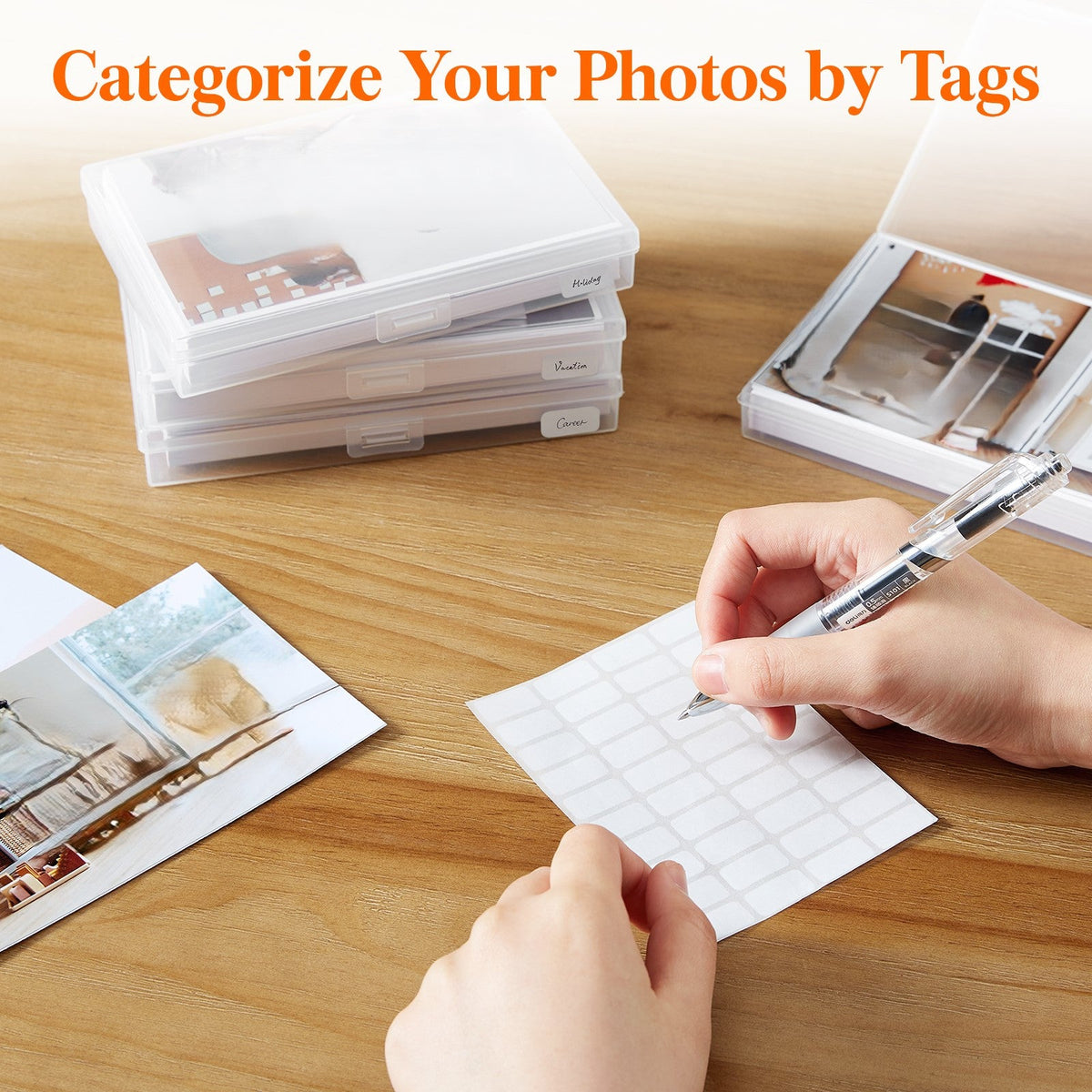 4x6 Photo Storage Box with 14 Inner Photo Keeper Cases Holds 1400 Photos Clear Plastic Photo Organizer with Lids Label Stickers BPA-Free for Cards Pictures Stamps Craft Office Supplies