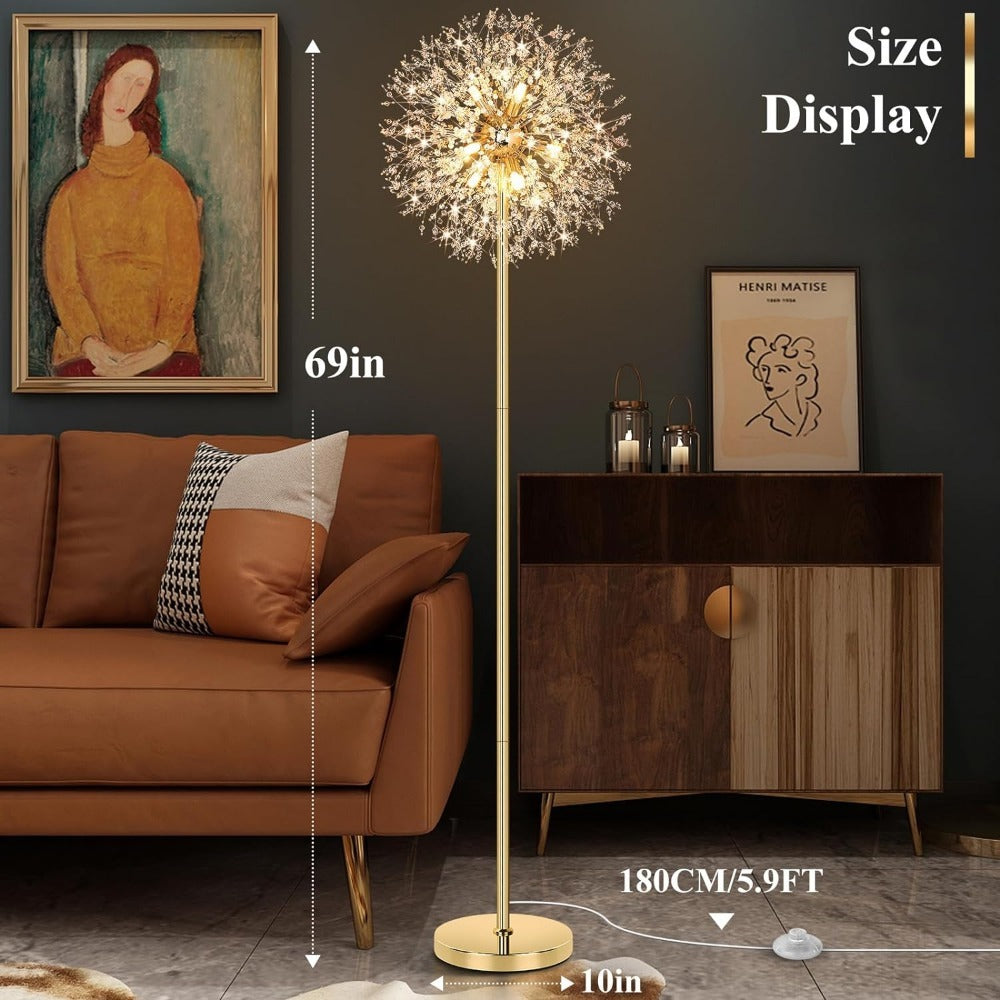 Crystal Floor Lamp Living Room 69 Inch Modern Standing Lamp – 738pcs K9 Crystals, 9 LED Bulbs, Antique Brass & Gold Finish, Tall Pole Light for Bedroom, Office & Mid Century Glam Decor