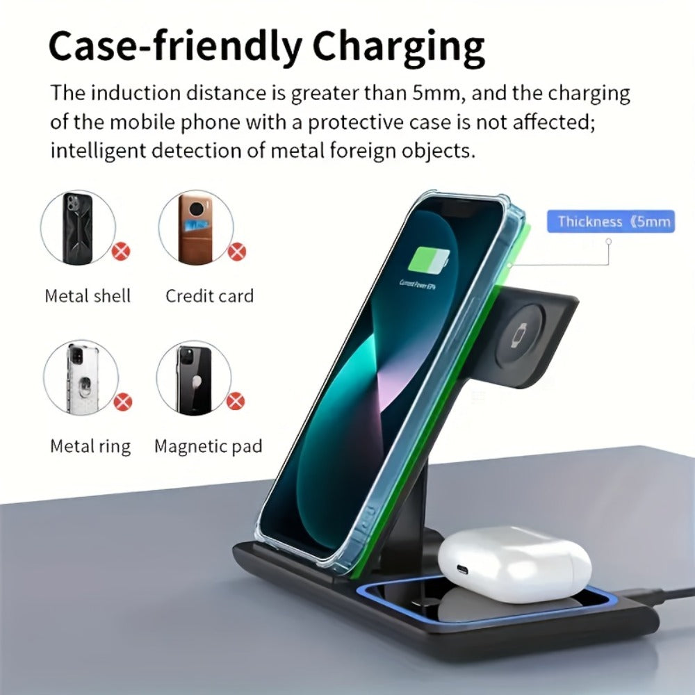 3-in-1 Wireless Charging Station with QC3.0 Adapter Included 15W Fast Charge – Upright Stand for iPhone 17/16/15/14/13/12/11, Apple Watch Ultra/Series 9/8/SE & AirPods | Black & White