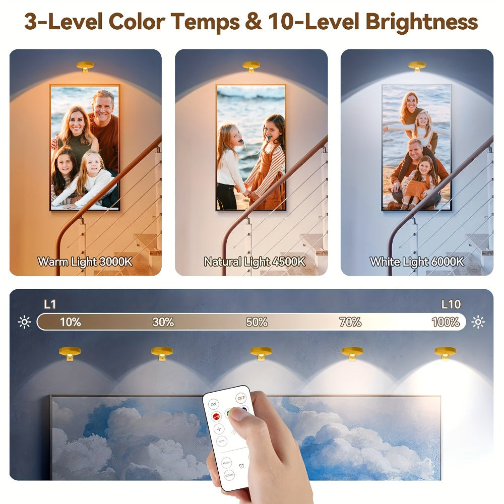 Picture Lights for Wall Rechargeable – Magnetic LED Art Display Light with Remote 3 Color Temperatures Dimmable Timer Golden Finish – 3-Pack & 6-Pack