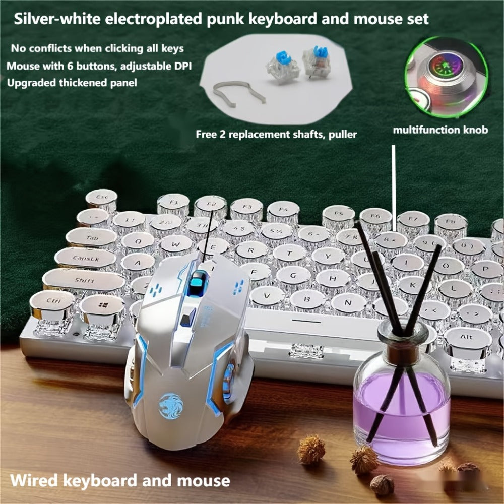 Hot-Swappable Mechanical Keyboard and Mouse Combo 34 Lighting Effects True Mechanical Blue Switches Retro Style USB Wired Aesthetic Gaming Set for Desktop Laptop Windows Mac Gift for Boyfriend Girlfriend