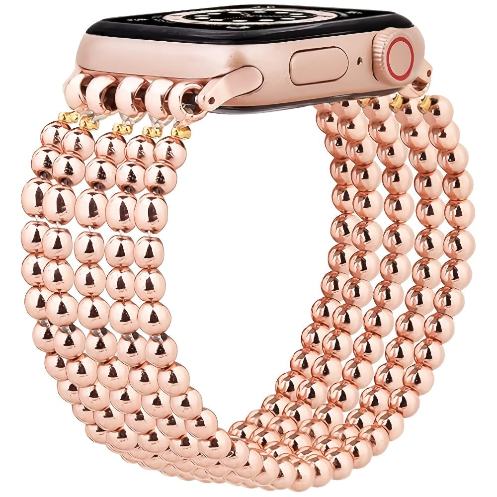 Stainless Steel Beaded Apple Watch Band Handmade Elastic Stretch Bracelet No-Buckle Slip-On Strap for Series 1-11 SE Ultra 38mm 40mm 41mm 42mm 44mm 45mm 46mm Women Girls Silver Rose Gold Silvery Grey